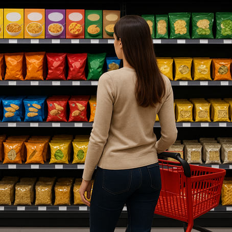 Shopper tomando una decisión de compra frente a un anaquel organizado por tipo de producto.
