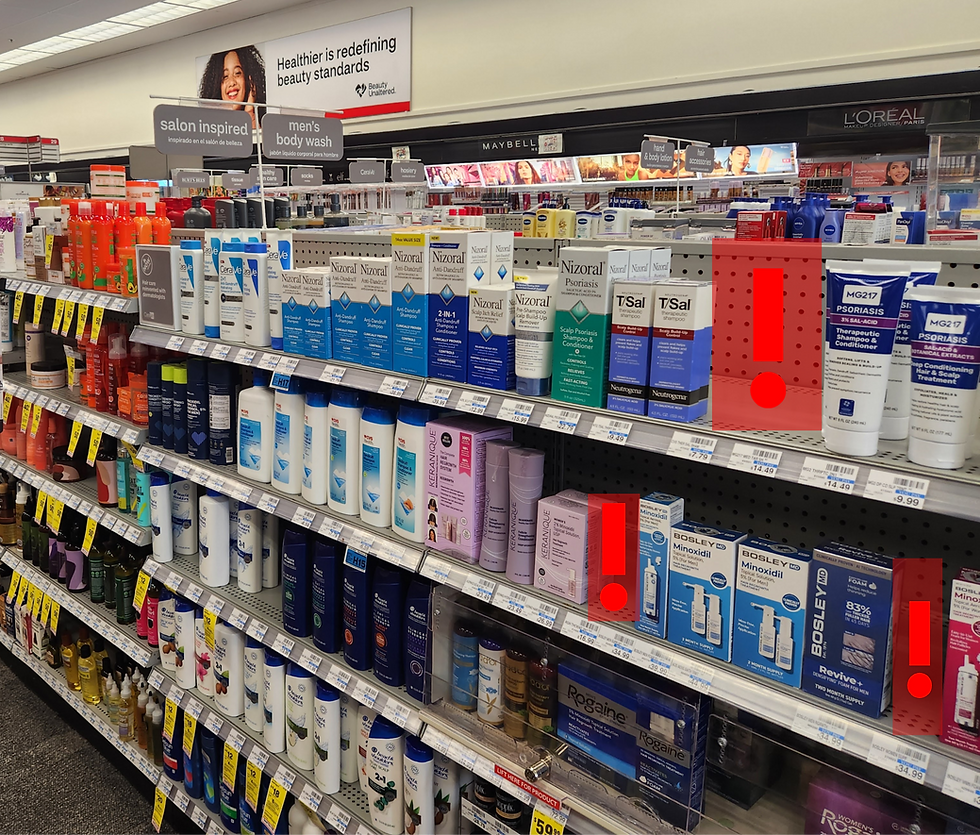 Anaquel de cuidado capilar en farmacia con espacios vacíos entre las caras del producto — calidad de ejecución en el punto de venta