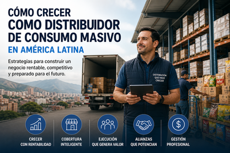Centro de distribución de productos de consumo masivo en América Latina con ejecutivo supervisando la operación logística mientras se cargan camiones, destacando conceptos de crecimiento rentable, cobertura de mercado y ejecución comercial.