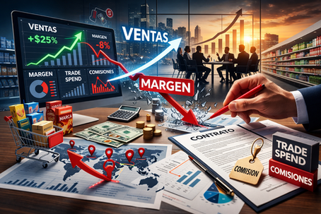 Gráfica financiera mostrando crecimiento en ventas y caída en margen ilustrando errores al contratar un broker comercial sin control financiero.