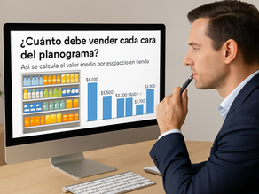 Ejecutivo analizando en su computadora el valor de ventas por cara del planograma, con un gráfico de barras y una imagen de anaquel en pantalla.