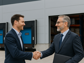 Dos empresarios dándose la mano frente a un centro de distribución moderno, simbolizando una alianza estratégica para la representación de una marca líder.