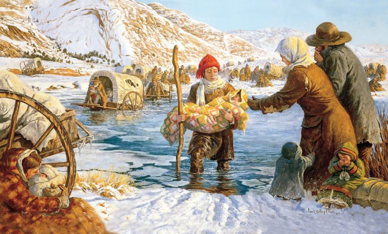 A young man helps carry a child bundled in a blanket across an icy river.
