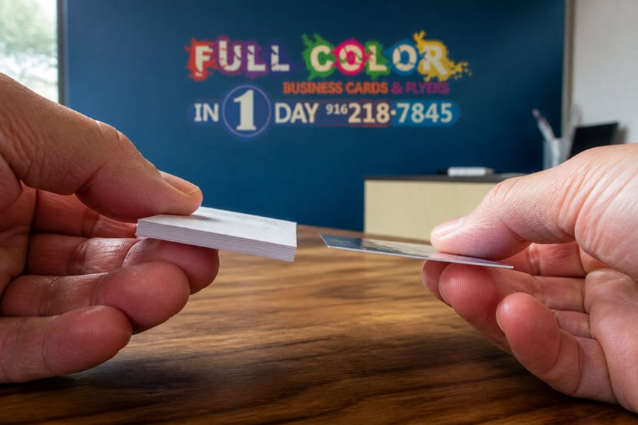 Close-up of hands holding and comparing two business cards, one thick and textured, one thin and flimsy, under natural lighting on a wooden desk