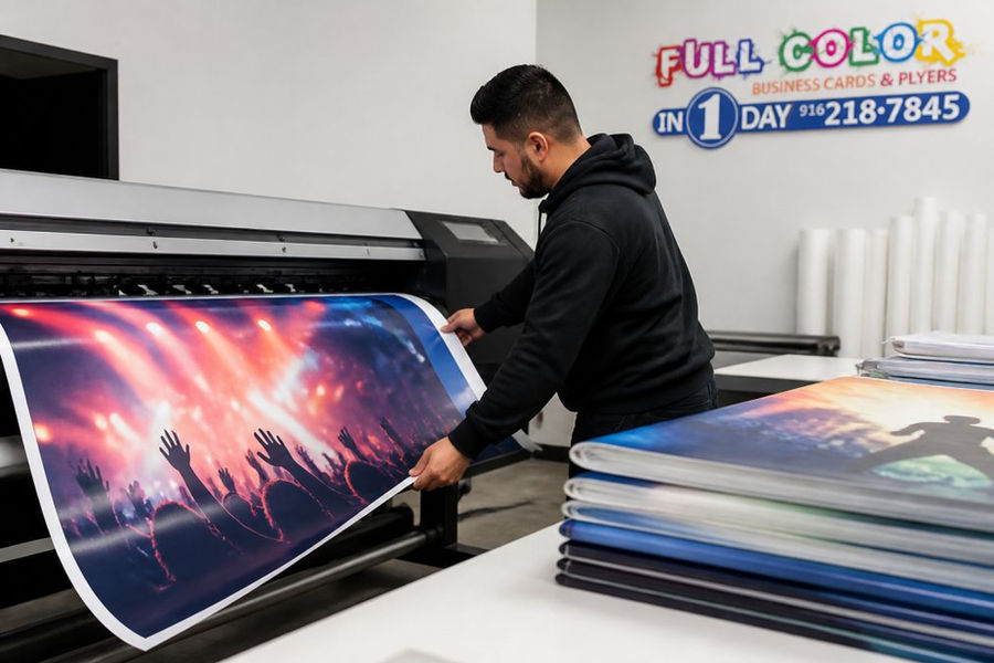 Print shop employee inspecting a vibrant event banner for local printing services in a busy production area.