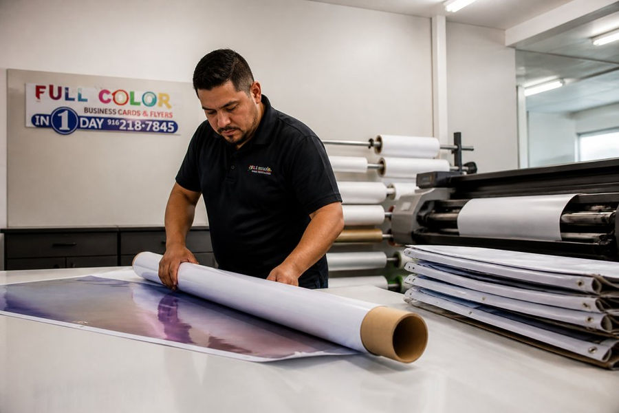 Print shop worker rolling a vinyl banner for urgent marketing collateral for events in a production room
