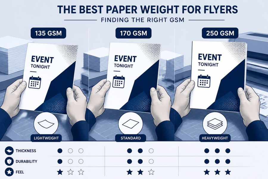 Hands holding three paper samples to compare the best print quality for flyers by weight