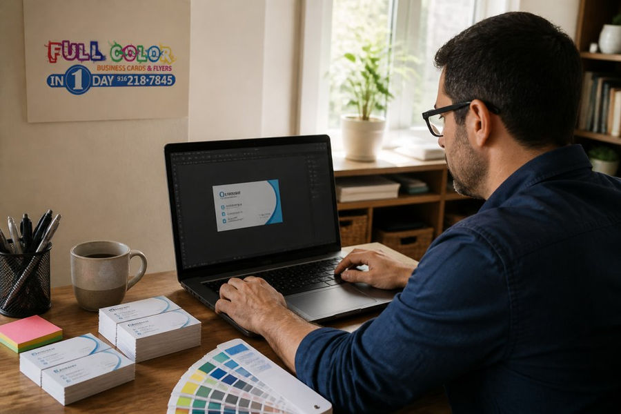 Small business owner reviewing files on a laptop for rush printing with business cards and color swatches