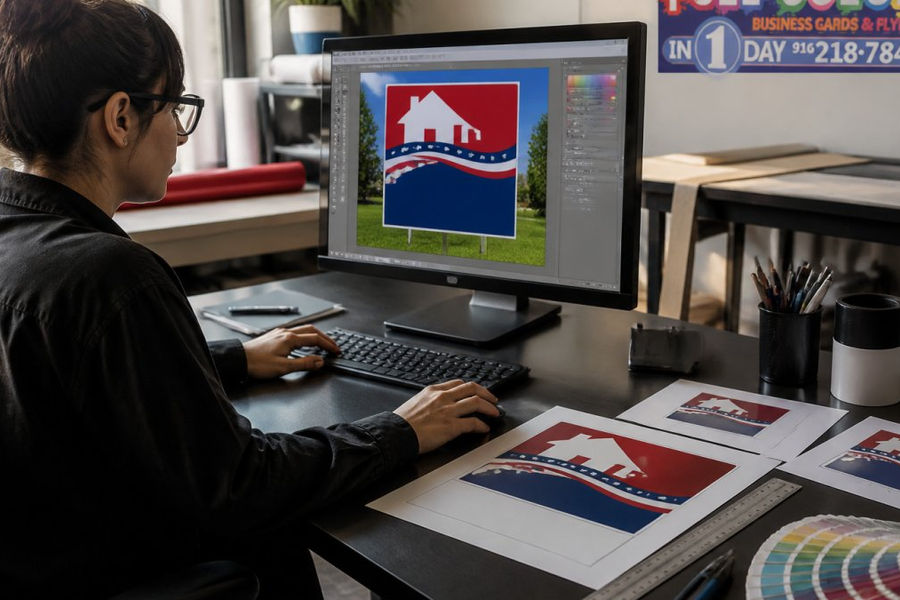 A graphic designer at a desk reviewing a yard sign layout on a large monitor, with printed color proofs and a ruler laid out beside the keyboard in a bright studio