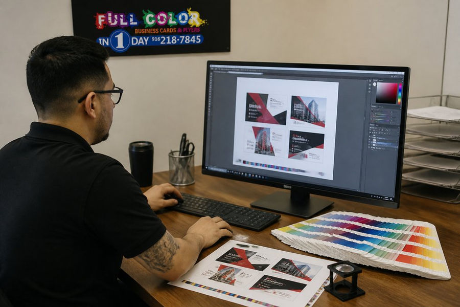 Graphic designer reviewing print-ready files for same day printing on a monitor with color swatches on the desk