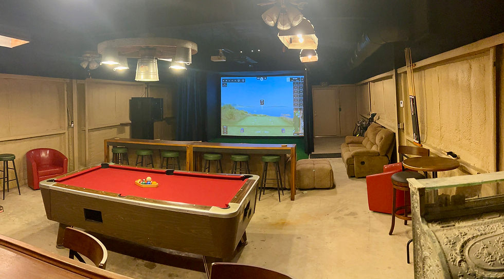 pool table, golf simulator, game room