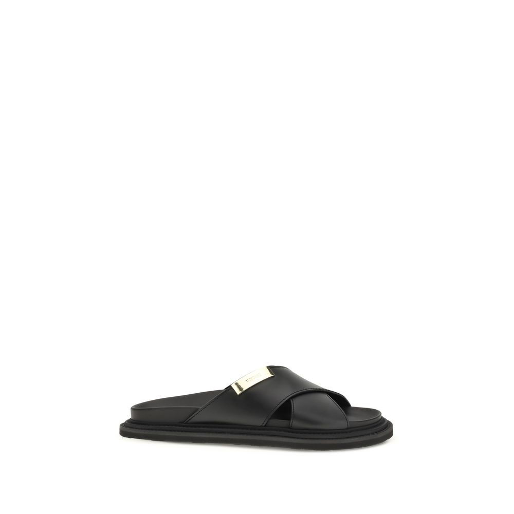 Black Calf Leather Bos Taurus Flat Sandals