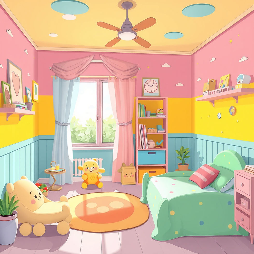 Eye-level view of a quiet, softly lit room with calming sensory equipment