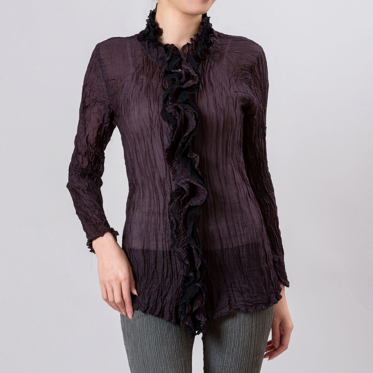 ポリ乳酸フリルブラウス　ロング　ブラック