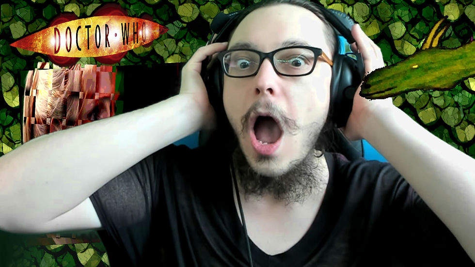 Person with glasses and headphones looks surprised, mouth open. Green dragon scale background with "Doctor Who" text and a dragon figure.