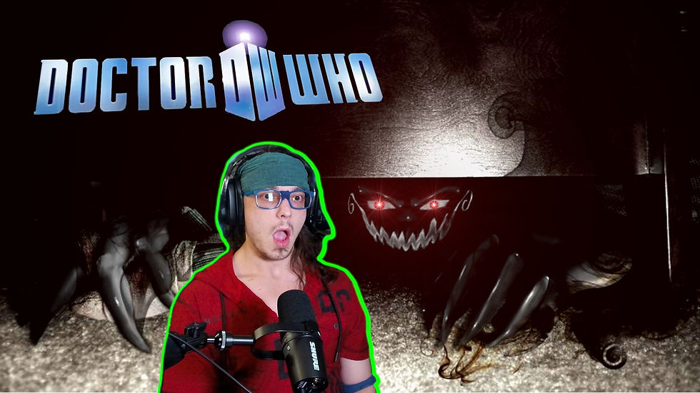 Person with headset gasps in surprise. Background shows "Doctor Who" text and dark creature with red eyes and sharp teeth. Eerie mood.