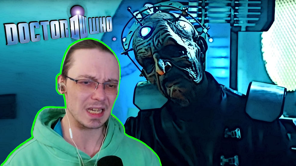 Person in a green hoodie, wearing glasses, looking concerned. Sci-fi character with a glowing eye in the background. "Doctor Who" text above.