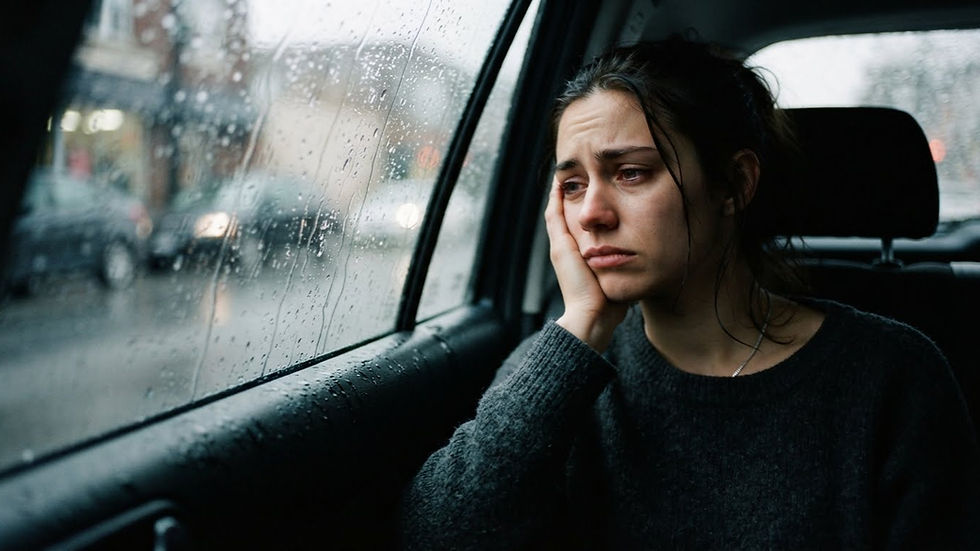 A close up photograph of a person sitting in a parked car and looking out a rain covered window with a disappointed expression. This symbolizes the lingering sting and mental weight of a minor daily failure.