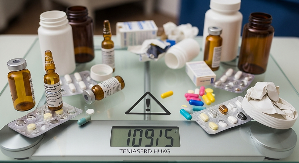 n a well lit homem A human weight scale reading 109.6 with a warning triangle instead of numbers, surrounded by empty supplement bottles, medications and pharmaceuticals