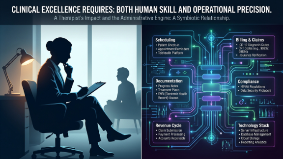 A therapist’s silhouette on one side, and on the other, a complex but elegant network of administrative workflows, billing codes, and digital infrastructure.