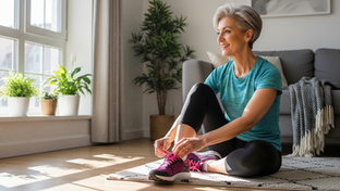 A woman in her 50s lacing up her running shoes in a bright living room.