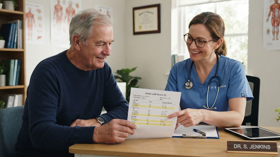 A photo of a doctor talking casually with a patient over a simple printout of basic lab results.
