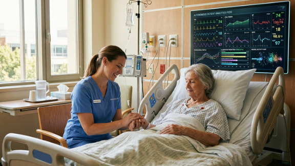 A bright hospital room where a nurse holds the hand of an elderly patient, while a digital monitor in the background displays a complex, autonomous data feed.