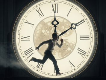 A person on a hamster wheel, but the wheel is a glowing clock face, and they are desperately trying to keep up with the spinning hands.
