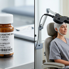 Clinical split screen. Left side: a traditional pharmaceutical amber pill bottle with a white cap, standing on a clean medical surface. Right side: a modern transcranial magnetic stimulation (TMS) figure-eight coil resting precisely above a patient's head during a treatment session. Professional medical photography, bright clinical lighting, high resolution.