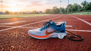 A simple, clean photo of a running shoe resting on a track. Beside the shoe is a small, silver pendant that looks like a high-tech tracking device. The lighting is bright and early morning. It gives a sense of taking action and using tools to reach a personal goal.