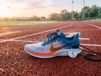 A simple, clean photo of a running shoe resting on a track. Beside the shoe is a small, silver pendant that looks like a high-tech tracking device. The lighting is bright and early morning. It gives a sense of taking action and using tools to reach a personal goal.
