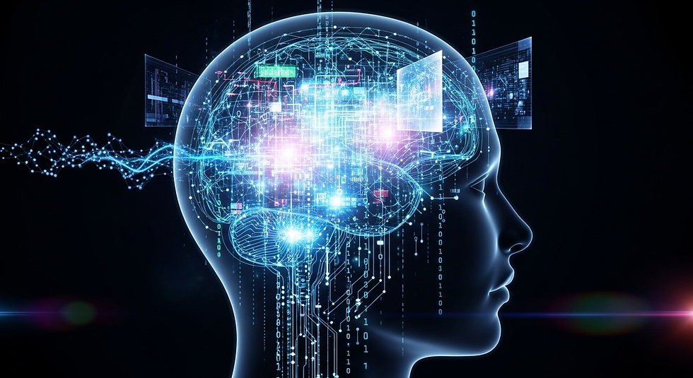 A stylized, futuristic image of a human head in profile, showing not a biological brain, but a complex, glowing network of interconnected circuits and data streams, representing the brain as an operating system.]