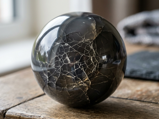 he Cracks in the Polish: A close-up shot of a perfectly smooth, highly polished sphere made of stone or metal. However, a series of small, beautiful, web-like cracks are visible just beneath the surface, hinting at an underlying fragility that doesn't mar its beauty but adds character.