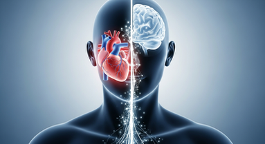 A stylized, split silhouette of a human head and shoulders. On one side, inside the chest area, is a glowing, healthy heart with clean arteries. On the other side, inside the head, is a glowing, healthy brain. A single, luminous line or a series of connected dots flows seamlessly from the heart up into the brain, visually connecting the two organs. The color palette should be calm and clinical (e.g., blues, whites, and soft grays).
