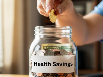  A clear piggy bank or glass jar with a "Health Savings" label, with a hand dropping a gold coin into it.