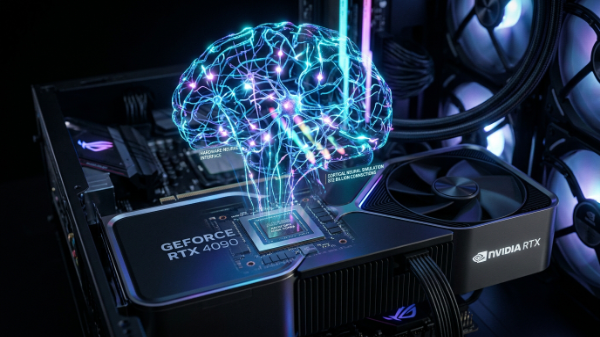 A close-up of a powerful GPU (Graphics Processing Unit). From the chip, holographic neural pathways are projected upwards, illustrating the connection between the hardware and the biological simulation.