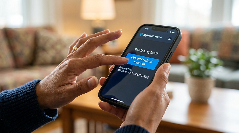 A close-up image of a person's hands holding a smartphone. On the screen is a button that says "Upload Medical Records," and their thumb is hovering hesitantly over it, capturing the moment of decision.