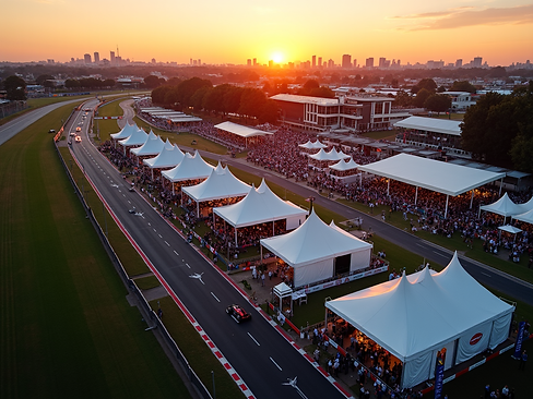 Aerial view of Albert Park Circuit at sunset, showcasing luxury hospitality tents and a vi