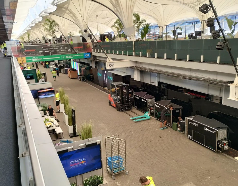 Eye-level view of a luxury hospitality suite overlooking the Formula 1 pit lane