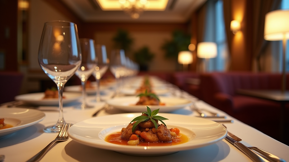 Close-up view of a gourmet dining setup in a VIP hospitality lounge