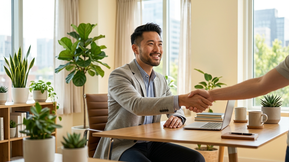 A self-employed man in his 30s smiling confidently while shaking hands across a desk