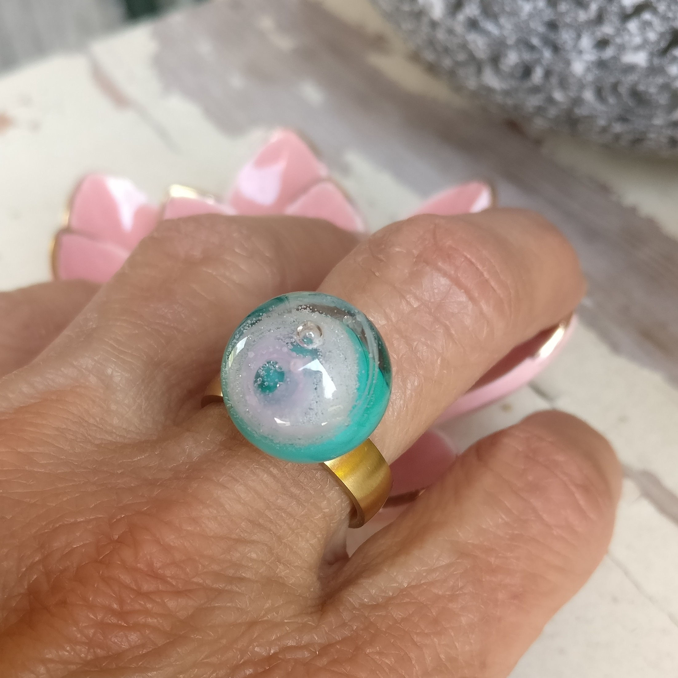 Glastop anemoon turkoois/roze 14mm (zonder ring)