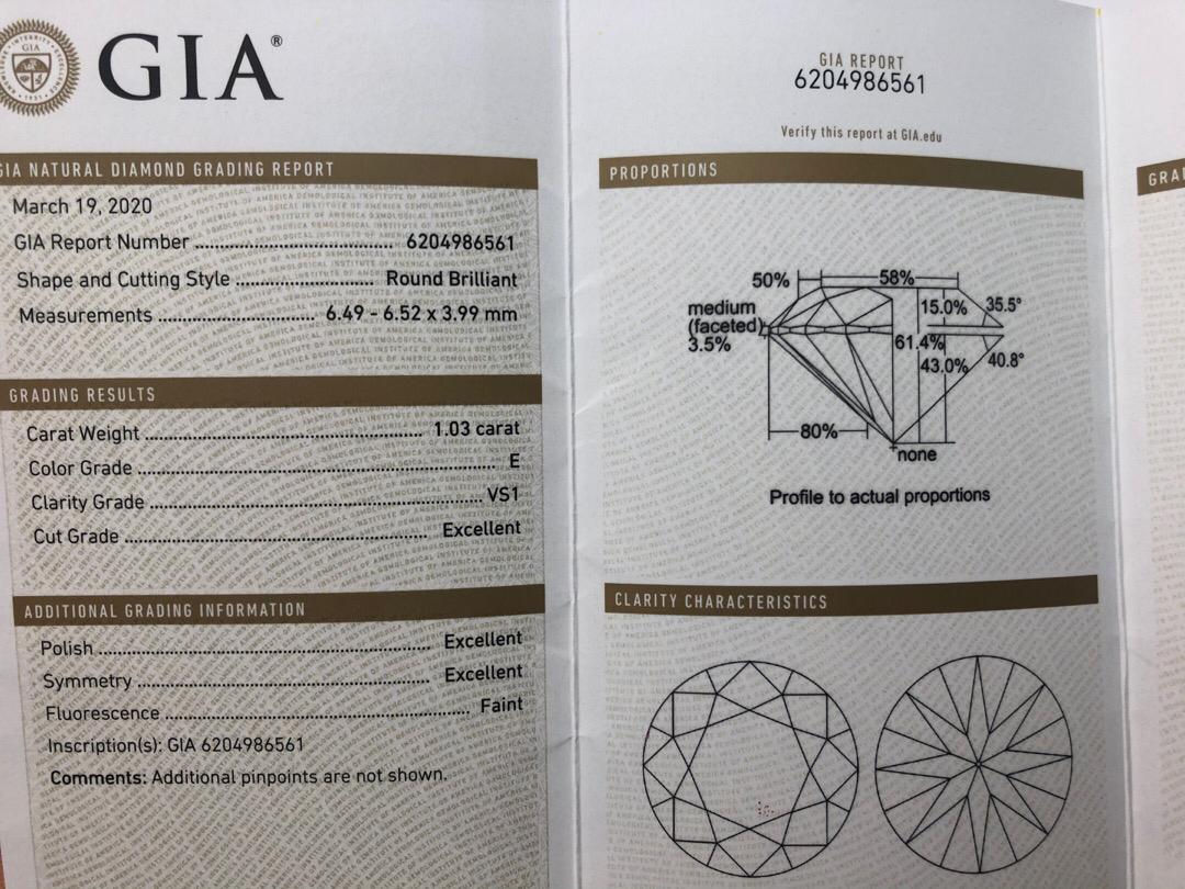 1.03ct E color VS1 EX/EX/EX完美切工 F GIA Ding Feng Jewellery