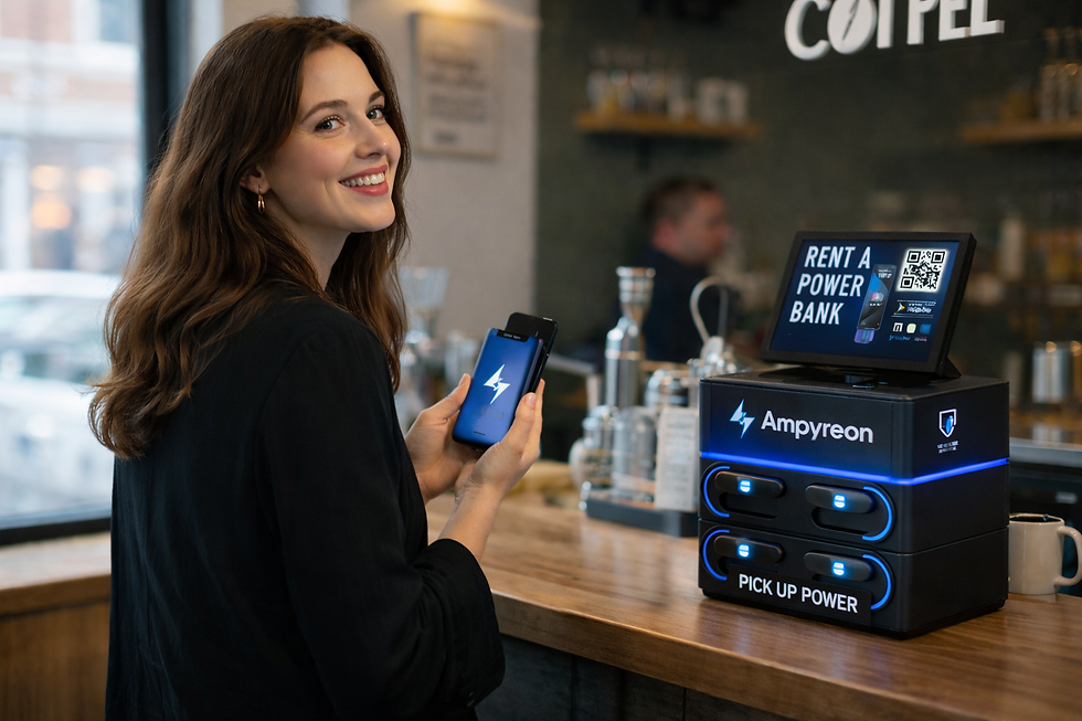 Eye-level view of a shared power bank station in a busy cafe