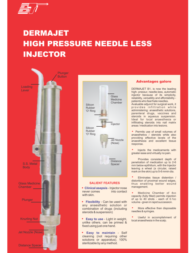 Thumbnail: Advanced DermaJet needleless injector delivering medication through high pressure for a comfortable patient experience.