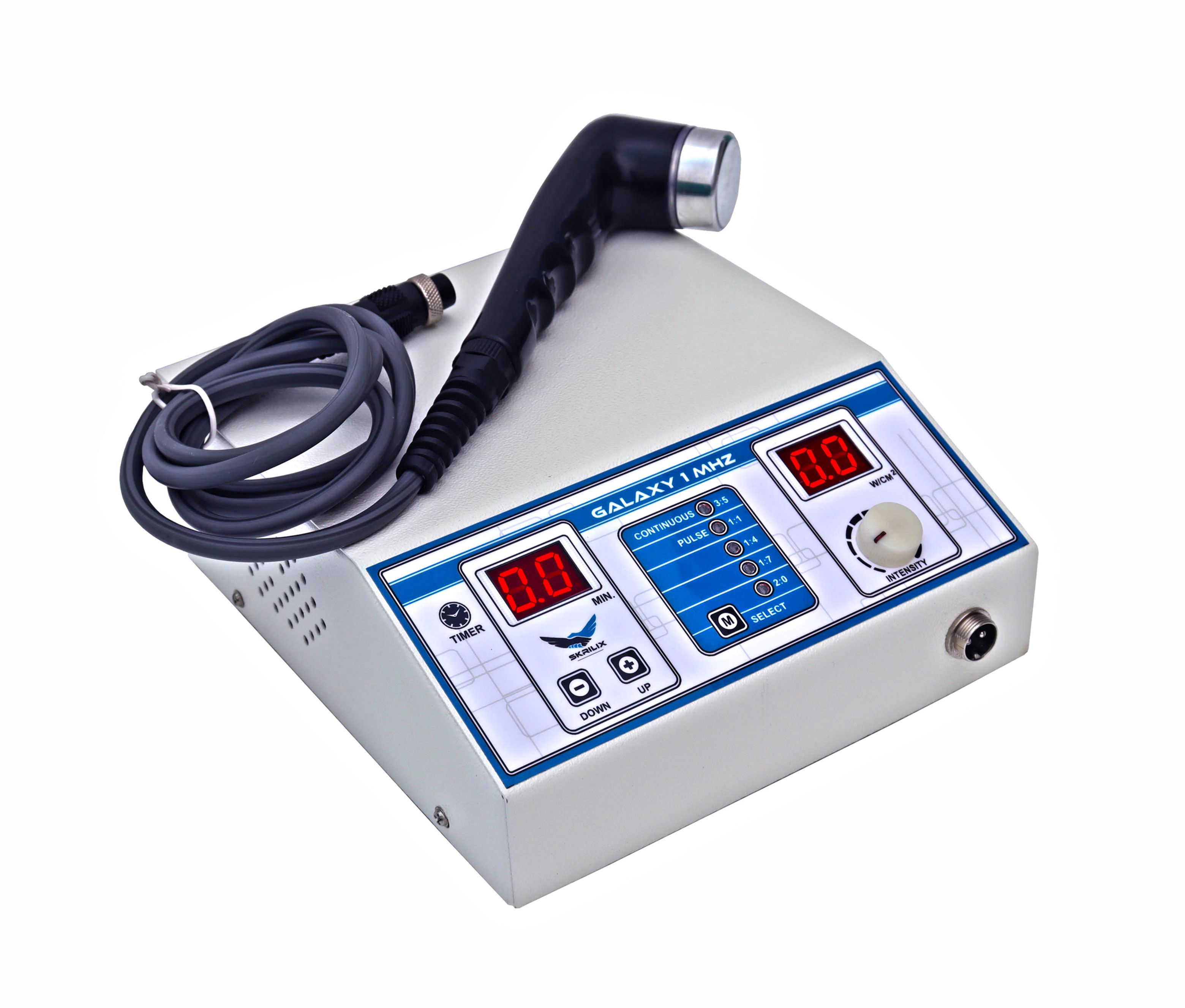Close-up image of a 1 MHz Ultrasound Therapy Machine, showcasing its sleek design and intuitive interface, designed for delivering low-frequency ultrasound waves to effectively address deep tissue conditions and support rehabilitation and pain relief.