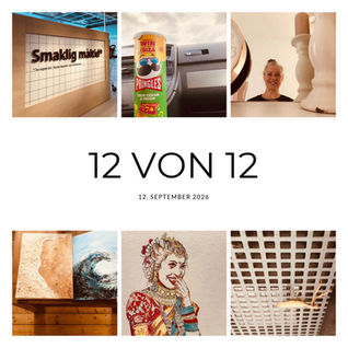 Sechsteilige Collage mit Smaklig måltid, Pringles im Auto, Frau, Kunstwerken und Decke; 12 von 12, 12. September 2026