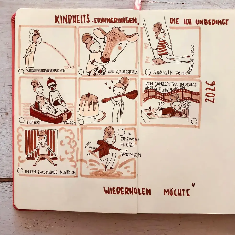 Karinas Mini-Mes: Handgezeichnete Tagebuchseite mit Kindheits-Erinnerungen, die sie 2026 wiederholen möchte: Kirschkernweitspucken, in Pfützen springen, eine Kuh streicheln, schaukeln, Tretboot fahren, ...