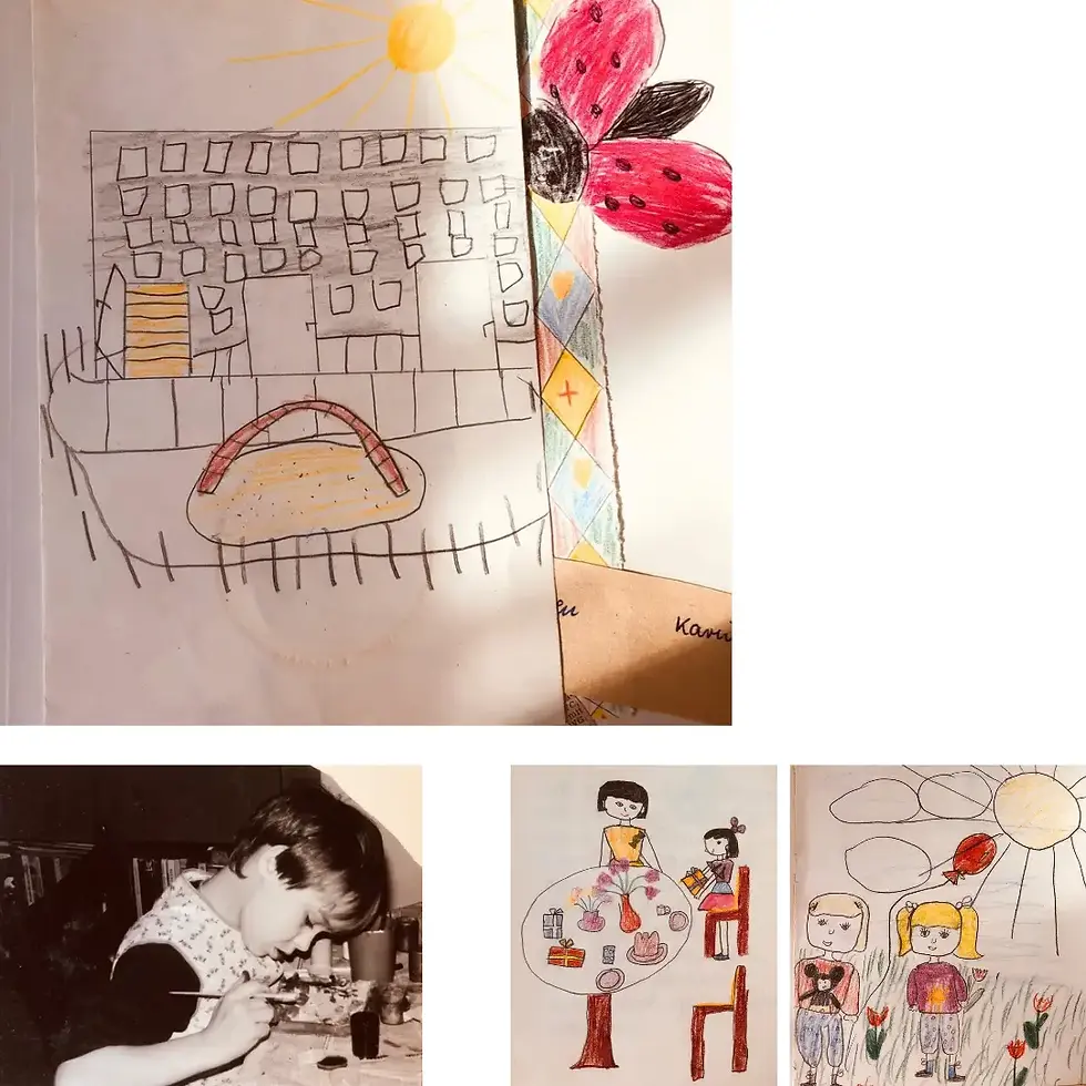 Collage aus Kinderzeichnungen: Haus, Blumen, zwei Mädchen und Kind beim Malen; unten altes Schwarzweißfoto.