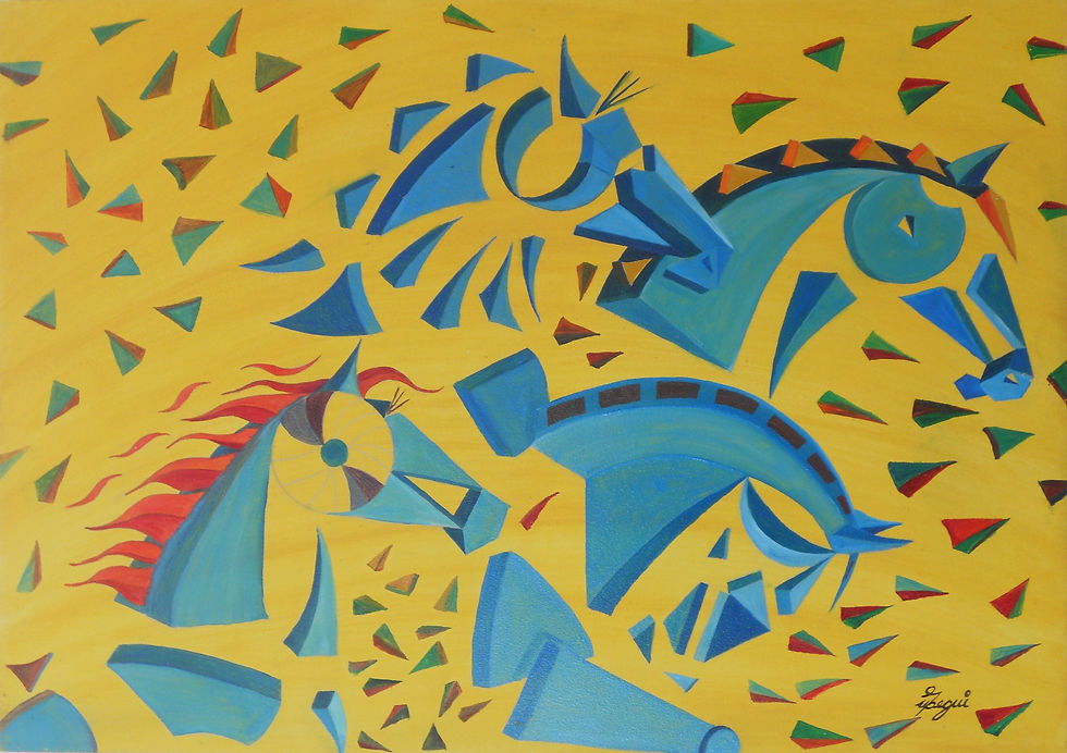 Caballos azules en fondo amarillo